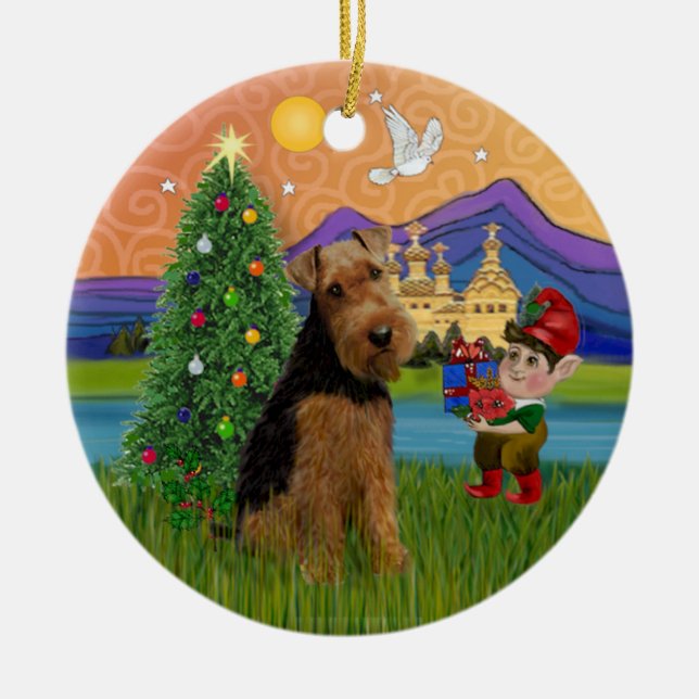 Julafton Fantasy - Welsh Terrier Julgransprydnad Keramik (Framsidan)