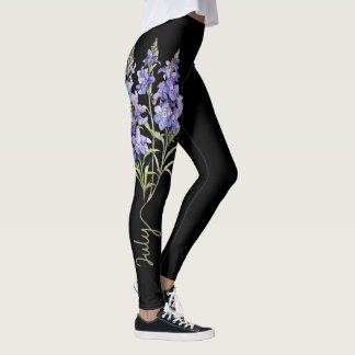 Julafton Flower, Lila Larkspur on Black Leggings