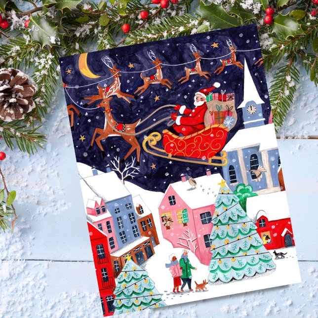 Julafton före jul Nordisk by Helg Vykort (Santa Night before Christmas Nordic Village Holiday Postcard)