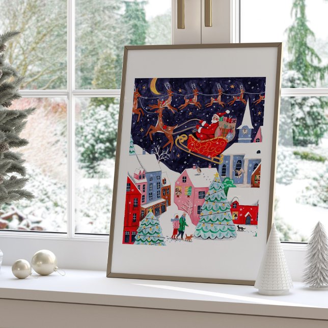 Julafton före jul Nordisk by Poster (Santa Night before Christmas Nordic Village Poster)