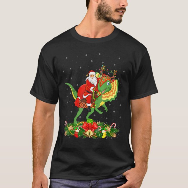 Julafton Funny Santa Riding Dilofosaurus Dinosaur  T Shirt (Framsida)