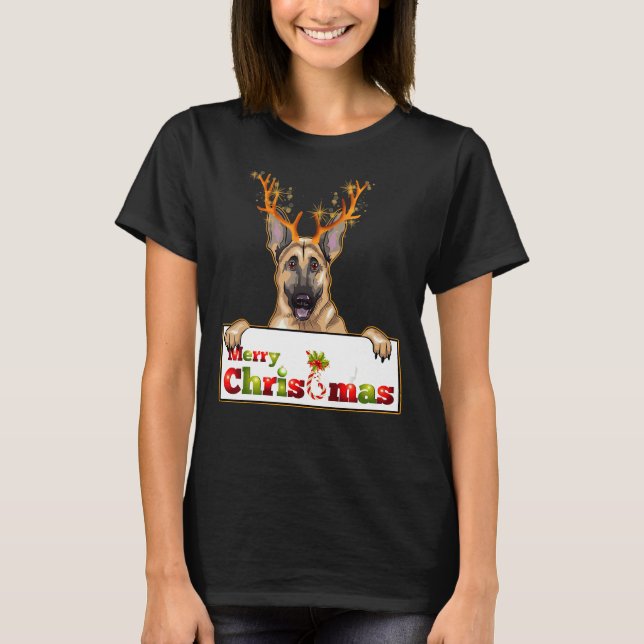 Julafton German Shepherd Hund With Antlers T Shirt (Framsida)