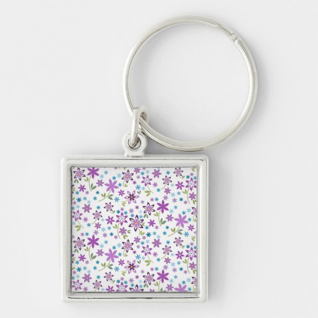 Julafton Gift Cute Blommigt Ditsy Fyrkantig Silverfärgad Nyckelring (Framsidan)
