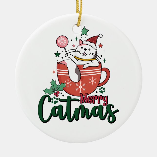 Julafton Gift Merry Cute Catmas Julgransprydnad Keramik (Framsidan)