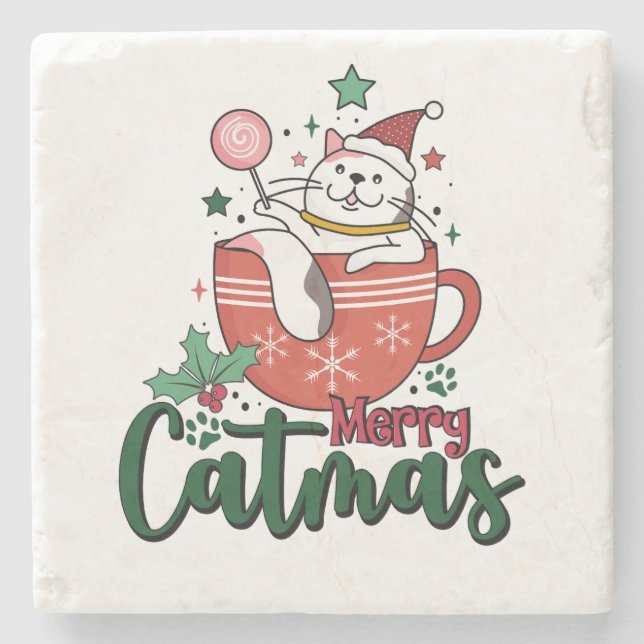 Julafton Gift Merry Cute Catmas Stenunderlägg (Framsidan)