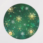 Julafton Golden Snöflingor på Grönten - bakgrunden Klistermärke<br><div class="desc">Gröntens julbakgrund med guld och grönt smycken snöflingor. Golden snöflingor. Julafton.</div>