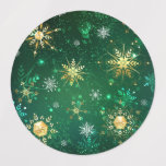Julafton Golden Snöflingor på Grönten - bakgrunden Klistermärke<br><div class="desc">Gröntens julbakgrund med guld och grönt smycken snöflingor. Golden snöflingor. Julafton.</div>