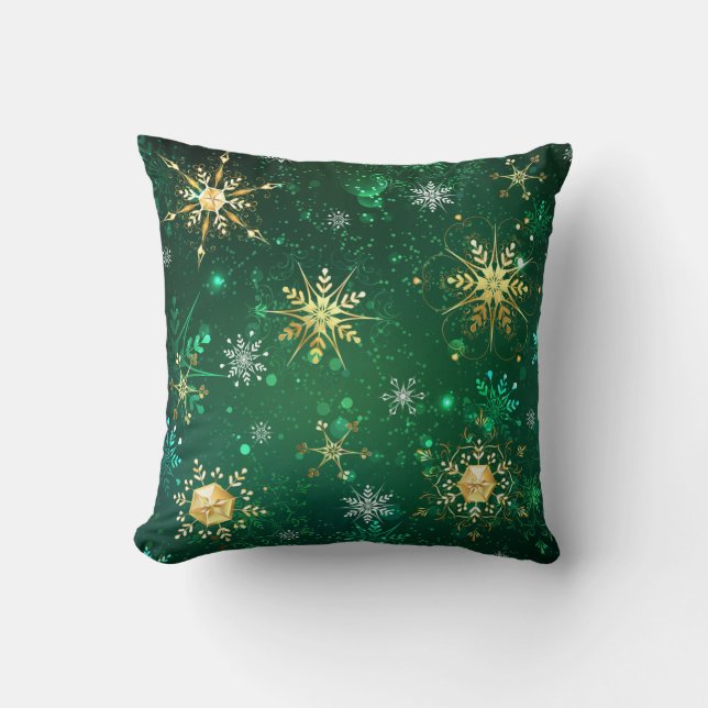 Julafton Golden Snöflingor på Grönten - bakgrunden Kudde (Framsida)