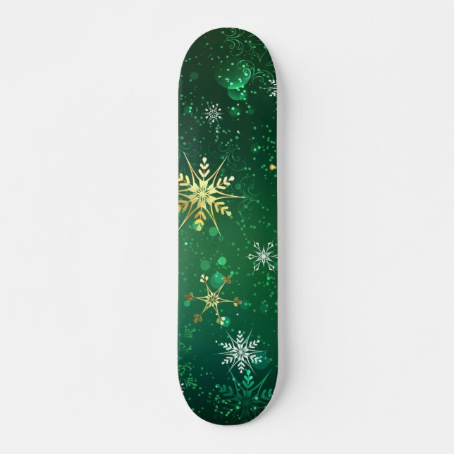 Julafton Golden Snöflingor på Grönten - bakgrunden Mini Skateboard Bräda 18,5 Cm (Framsida)
