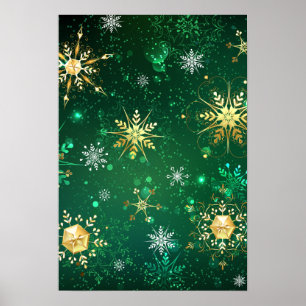 Julafton Golden Snöflingor på Grönten - bakgrunden Poster