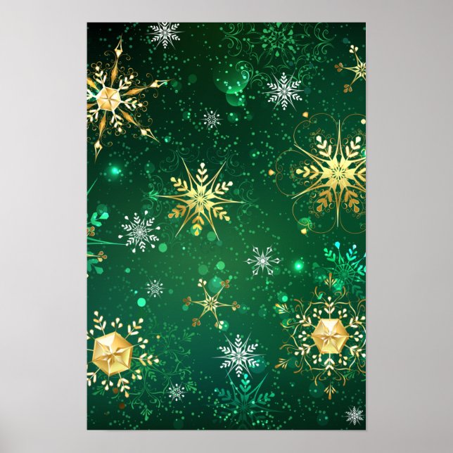 Julafton Golden Snöflingor på Grönten - bakgrunden Poster (Framsidan)