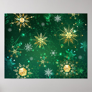 Julafton Golden Snöflingor på Grönten - bakgrunden Poster