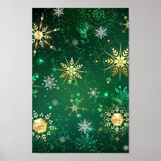 Julafton Golden Snöflingor på Grönten - bakgrunden Poster (Framsidan)