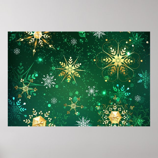 Julafton Golden Snöflingor på Grönten - bakgrunden Poster (Framsidan)