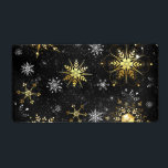 Julafton Golden Snöflingor på svart bakgrund Fraktsedel<br><div class="desc">Svart julbakgrund med guld och svart smycke snöflingor. Golden snöflingor. Julafton.</div>