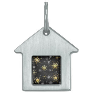 Julafton Golden Snöflingor på svart bakgrund ID-bricka Husdjur