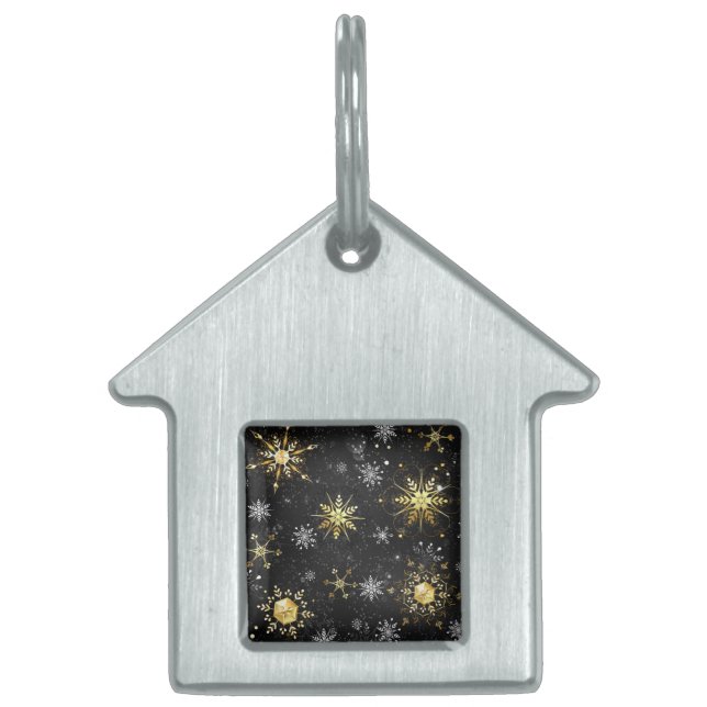 Julafton Golden Snöflingor på svart bakgrund ID-bricka Husdjur (Framsidan)