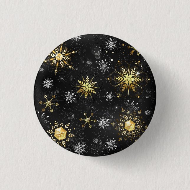 Julafton Golden Snöflingor på svart bakgrund Knapp (Framsida)