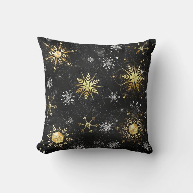 Julafton Golden Snöflingor på svart bakgrund Kudde (Framsida)