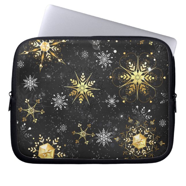 Julafton Golden Snöflingor på svart bakgrund Laptop Fodral (Framsidan)