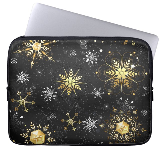 Julafton Golden Snöflingor på svart bakgrund Laptop Fodral (Framsidan)