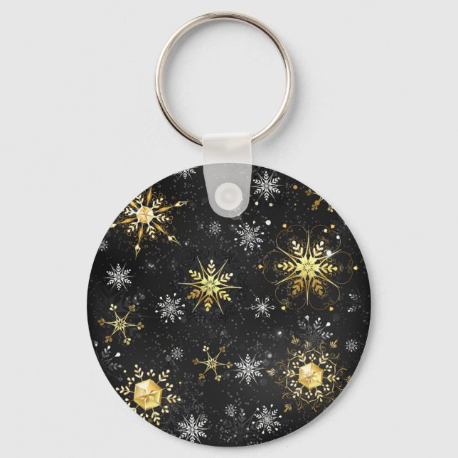 Julafton Golden Snöflingor på svart bakgrund Nyckelring (Framsida)