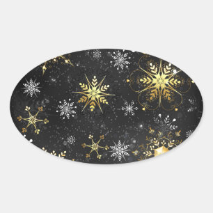 Julafton Golden Snöflingor på svart bakgrund Ovalt Klistermärke