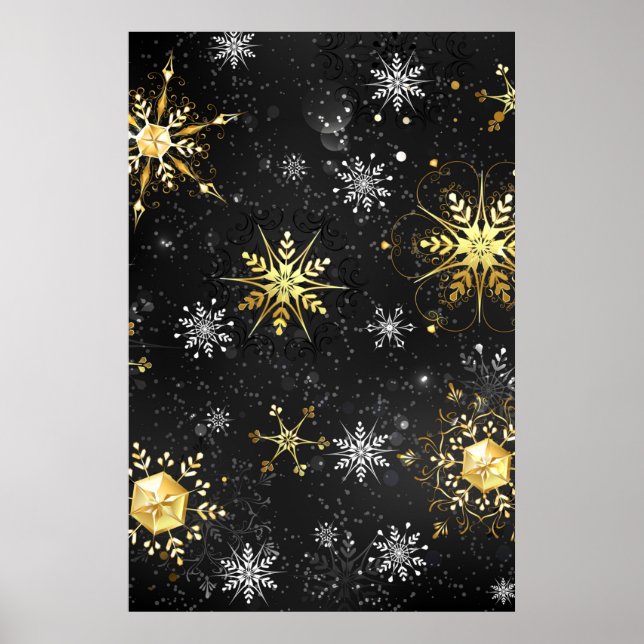 Julafton Golden Snöflingor på svart bakgrund Poster (Framsidan)