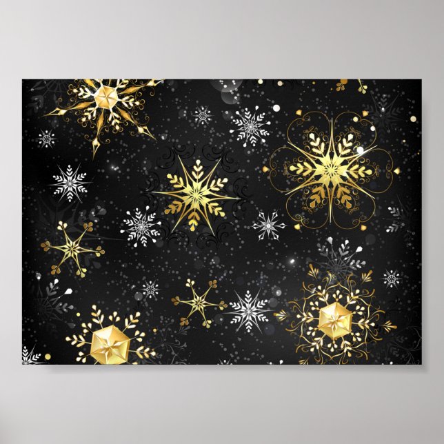 Julafton Golden Snöflingor på svart bakgrund Poster (Framsidan)