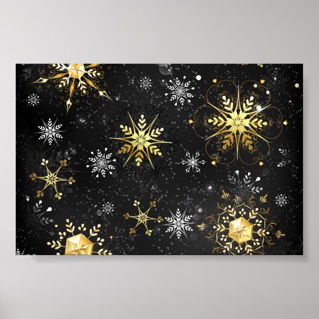 Julafton Golden Snöflingor på svart bakgrund Poster (Framsidan)