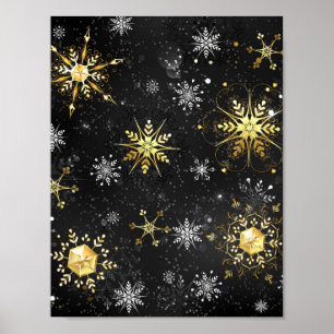 Julafton Golden Snöflingor på svart bakgrund Poster