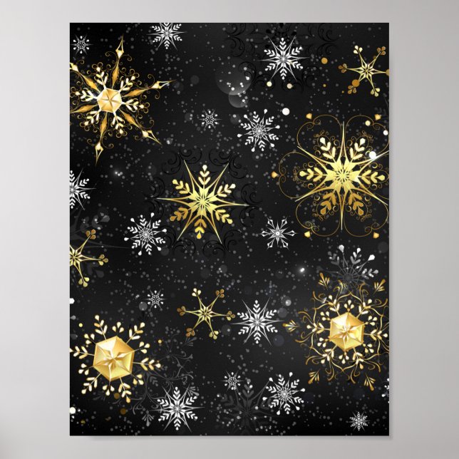 Julafton Golden Snöflingor på svart bakgrund Poster (Framsidan)