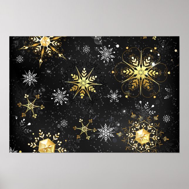 Julafton Golden Snöflingor på svart bakgrund Poster (Framsidan)