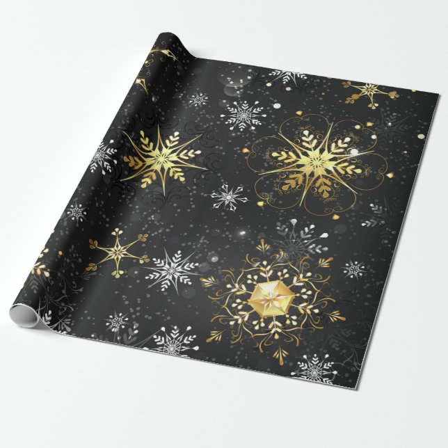 Julafton Golden Snöflingor på svart bakgrund Presentpapper (Utrullad)