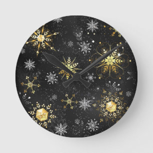 Julafton Golden Snöflingor på svart bakgrund Rund Klocka