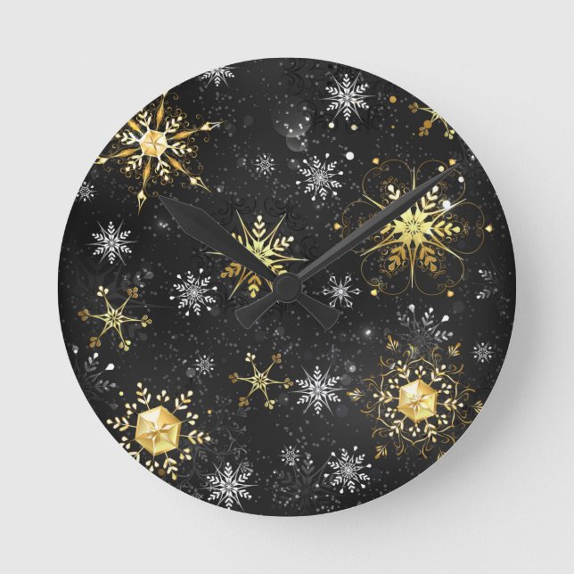 Julafton Golden Snöflingor på svart bakgrund Rund Klocka (Framsida)