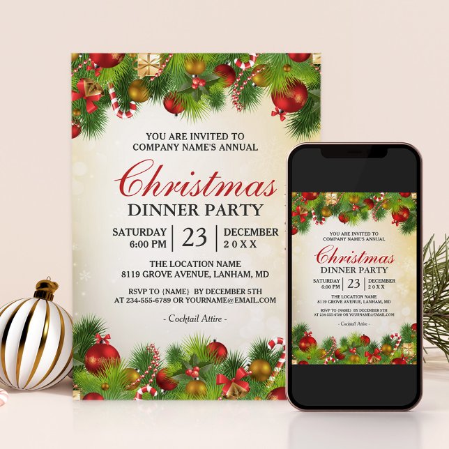 Julafton Guld Red Dekoration Årlig jul Party Inbjudningar (Perfect choice for hosting an annual Christmas party and inviting guests to join in the celebration.)