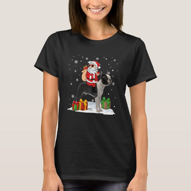 Julafton H i Jultomten Riding Boston Terrier T Shirt (Framsida)