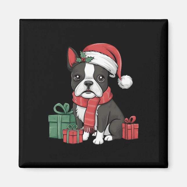 Julafton Helgdag Santa Hat Boston Terrier Hund Chr Magnet (Framsidan)