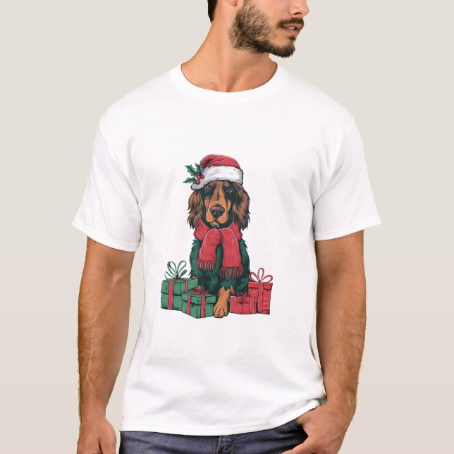 Julafton Helgdag Santa Hat Irish Setter Hund jul T Shirt (Framsida)