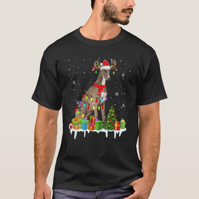 Julafton Kläddrapport jul Ljus Santa Reindeer Hund T Shirt (Framsida)