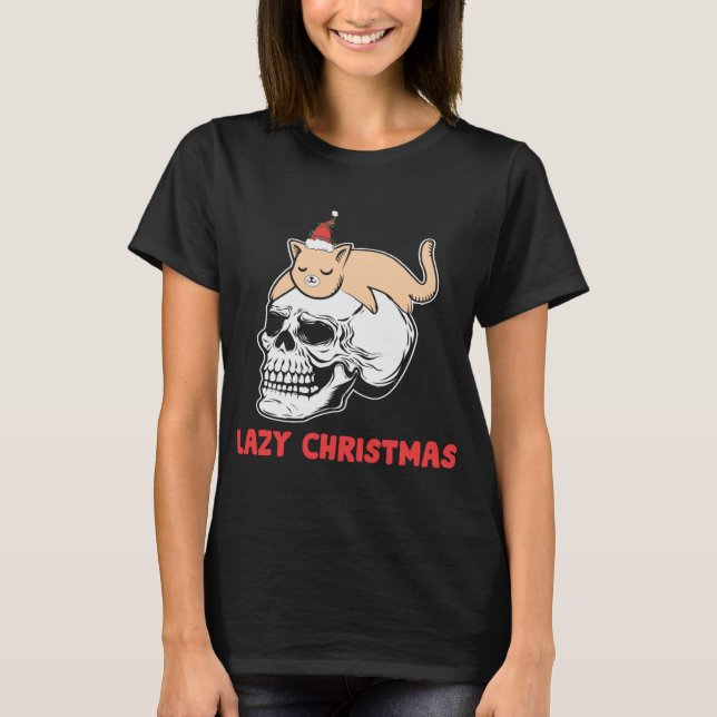 Julafton Lazy jul Sleeping Kitten Skull T Shirt (Framsida)