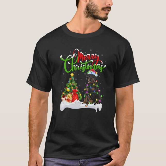 Julafton Lighting Matching Santa Doberman Pinscher T Shirt (Framsida)