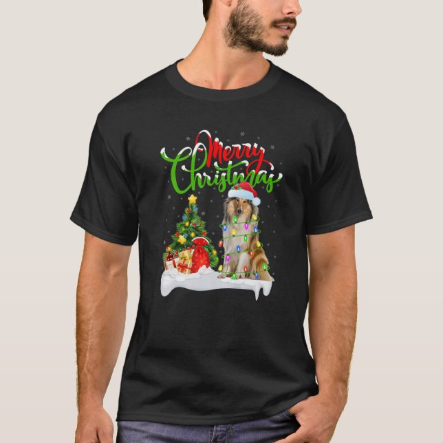 Julafton Lighting Matching Santa Rough Collie Hund T Shirt (Framsida)