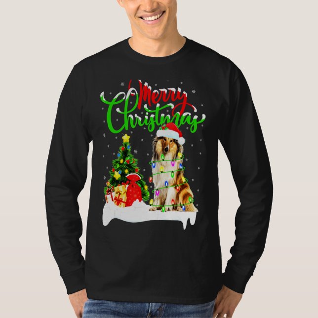Julafton Lighting Matching Santa Rough Collie Hund T Shirt (Framsida)