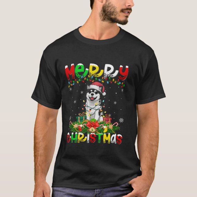 Julafton Lighting Santa Hat Akita Hund God jul T Shirt (Framsida)