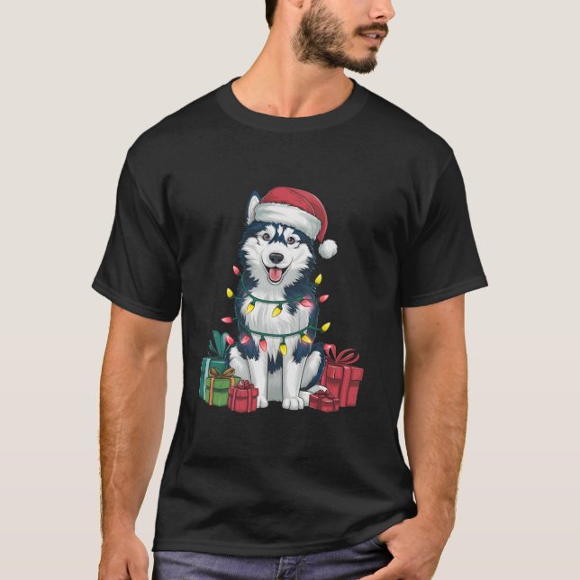 Julafton Lighting Santa Hat Alaska Husky Hund Chri T Shirt (Framsida)