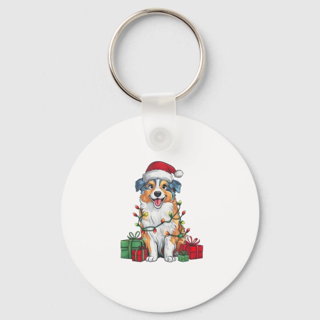Julafton Lighting Santa Hat Australian shepherd Hu Nyckelring (Framsida)