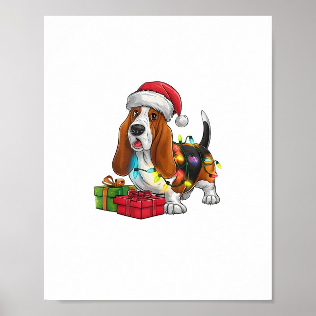 Julafton Lighting Santa Hat Basset Hound Hund jul Poster (Framsidan)