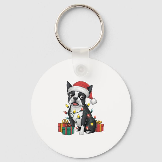 Julafton Lighting Santa Hat Boston Terrier Hund Ch Nyckelring (Framsida)